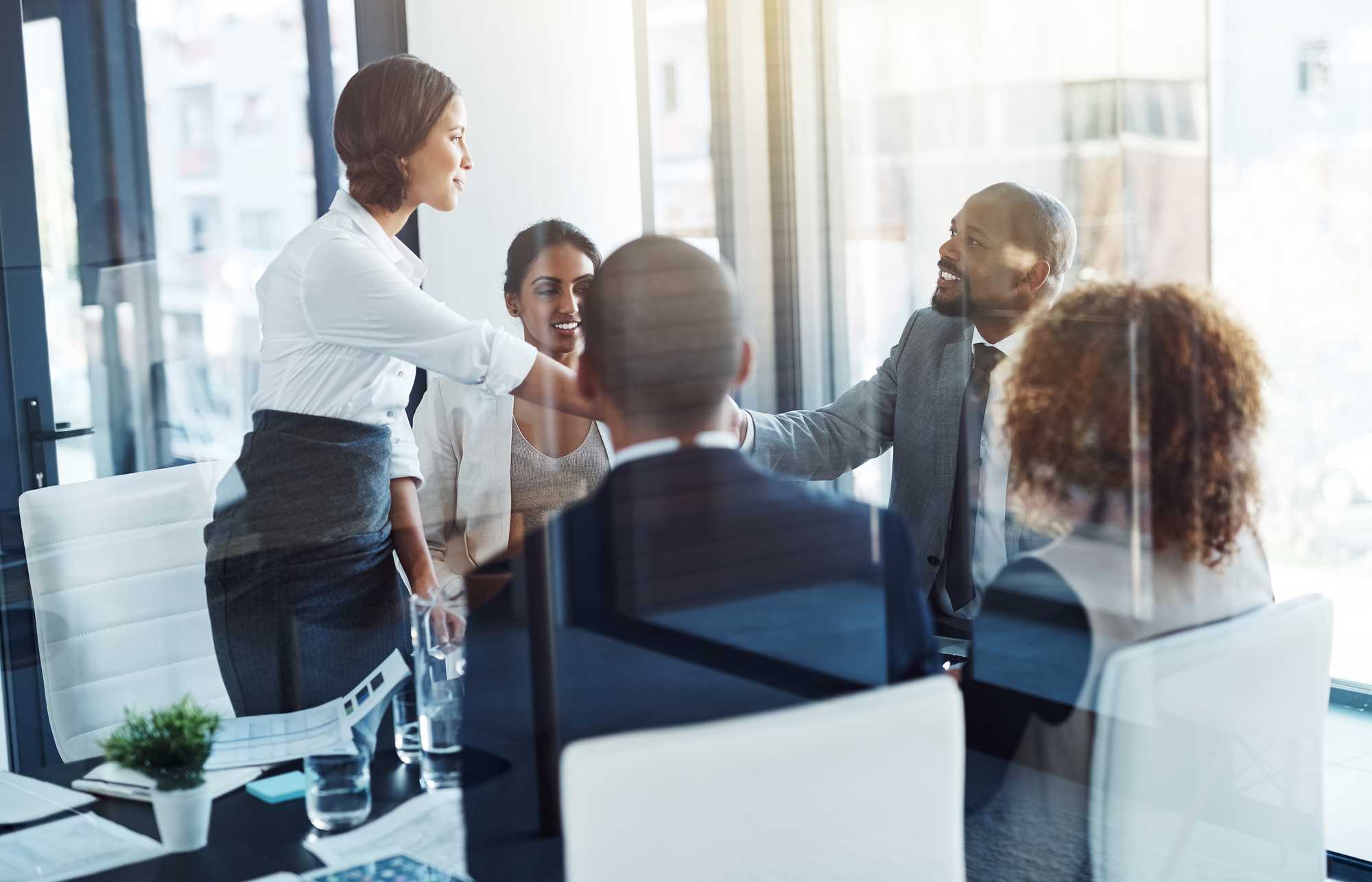 handshake meeting conference table, distant, white, black
